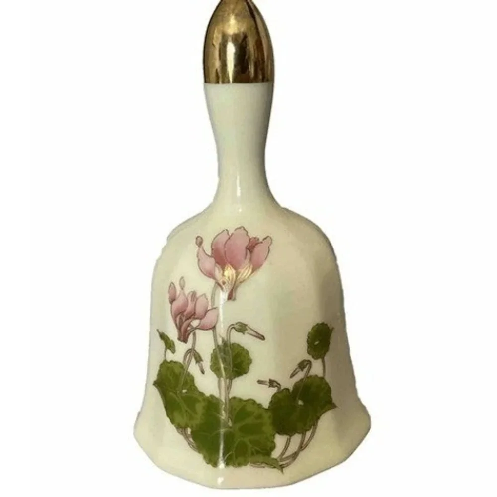 Vintage Otagiri Japan Cyclamen Floral Porcelain Bell Gold Trim Pink Flower